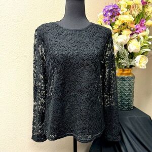 Croft & Barrow Black Lace Blouse with Long Sleeves